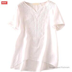 Linen Blend V-Neck Embroidered Tunic Top Short Sleeve Boho Blouse